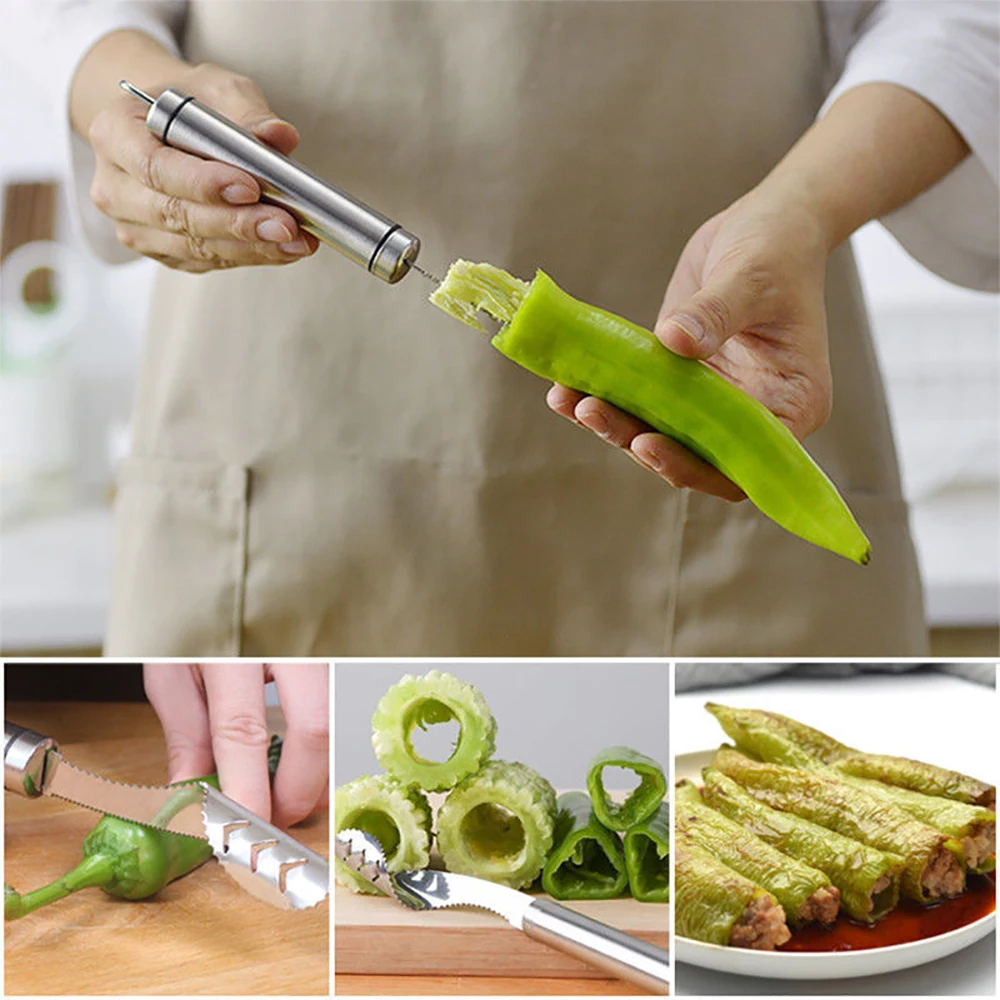 Household 304 Stainless Steel Chili Corer Bitter Gourd Corer Seed Digger Pepper Blade Kitchen Tool for Vegetable and Fruit Corer