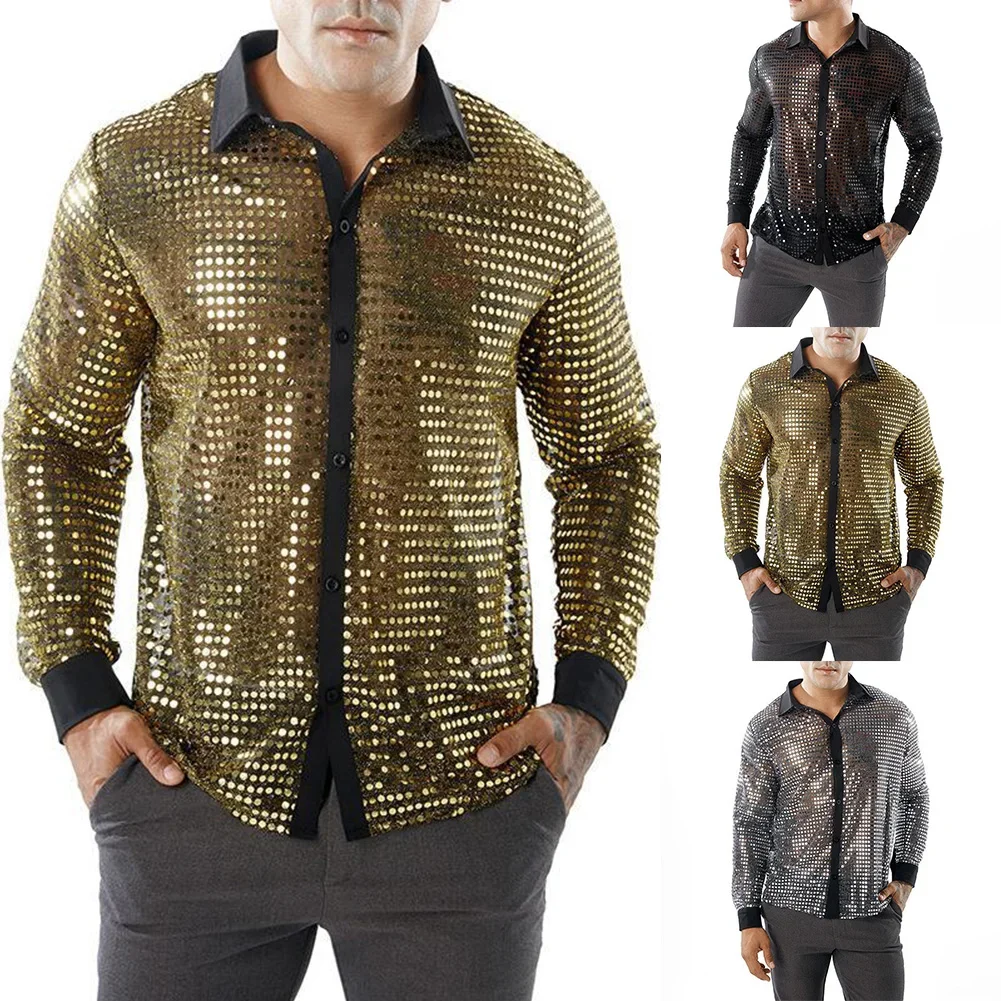 Men's Sequined Evening Dance Shirts, 70s Retro Nightclub Shirt, Single Breasted Performance Solid Clothing, Rotterdam Fashion