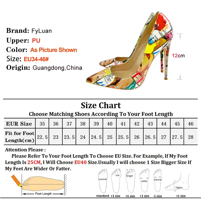 European and American Style Pointed Single Shoes Women 8-12CM Fashion Graffiti High Heels Pumps Trend Lady Shoes Plus Size 45 46