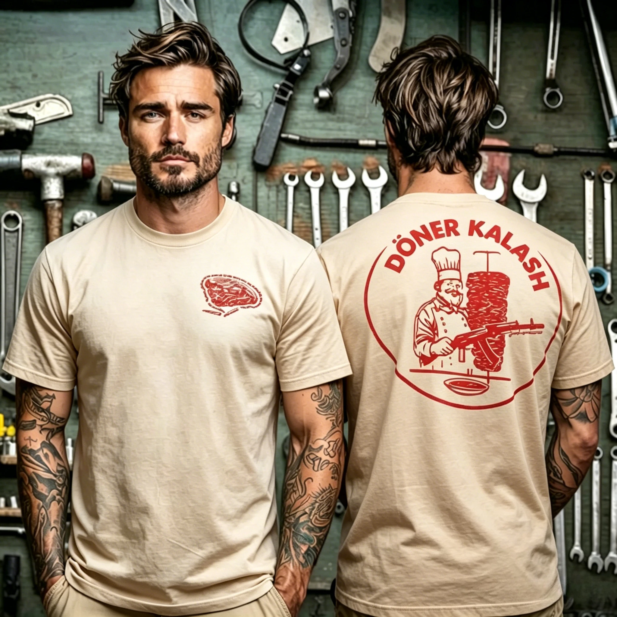 Novelty Döner Kalash Themed Unisex T‑Shirt, Two‑sided Graphic with Chest Kebab Logo and Funny Chef Skewer Gun Print