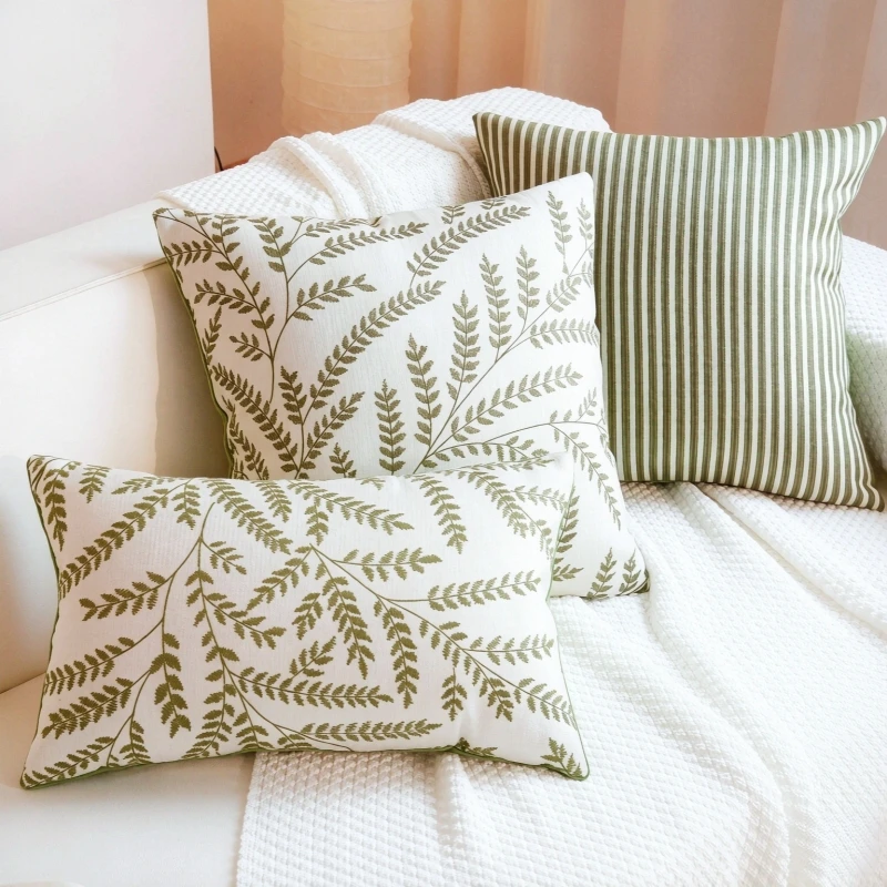 Botanical Leaf Throw Pillow Cover White Green Fern Pattern Cushion Cover for Sofa Bedroom Living Room Decor 45x45cm 30x50cm