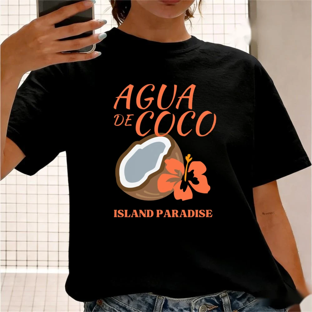 Agua De Coco Island Paradise Graphic T-Shirt Vibrant Orange Tropical Coconut Print Shirt Latin Summer Vacation Casual Women Tee