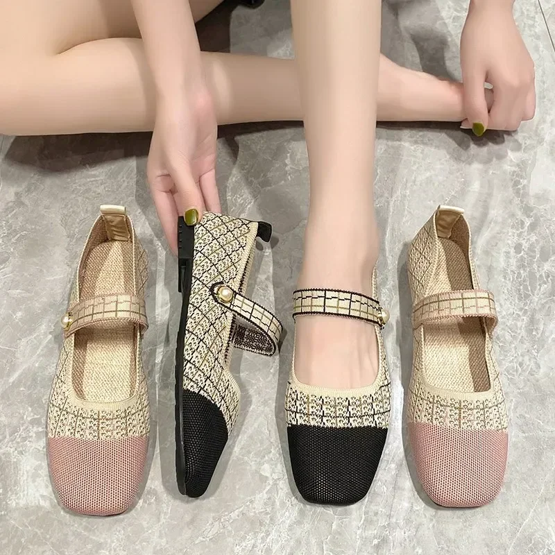 Korean Style Knitted Mary Jane Shoes for Women Comfort Breathable Women Shoes Square Toe Flat Sole Casual Shoes Zapatos De Mujer