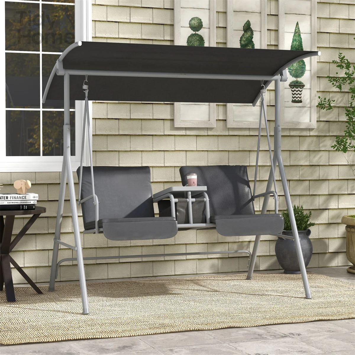 

Outsunny 2 Person Porch Swing with Stand, Outdoor Swing with Canopy, Pivot Storage Table, 2 Cup Holders, Cushions for Patio