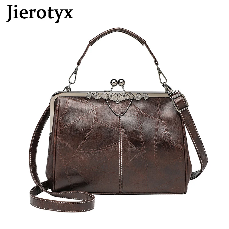 JIEROTYX Vintage Kiss Lock Handbags for Women Oil Leather Evening Clutch Satchel Purse Tote Shoulder Bags Black Red