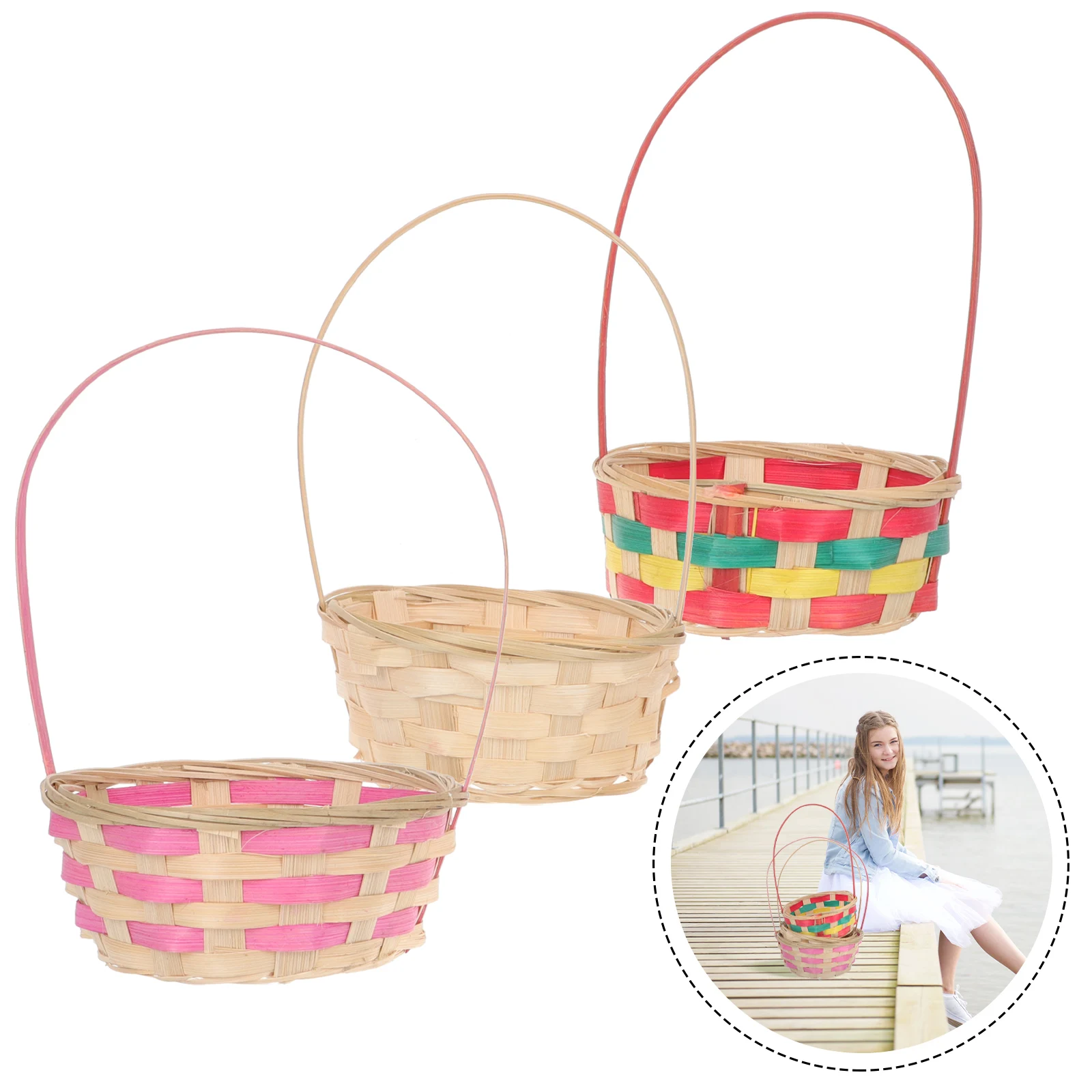 

3pcs Bamboo Woven Storage Multifunctional Easter Egg Basket Gift Packaging Basket Sundries Organizer For Fruits Bread