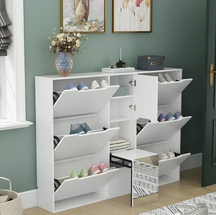 24 Pair Shoe Storage Cabinet Shoe Cabinet with 10 Shelves and 6 Drawers Shoe Rack Living Room Furniture