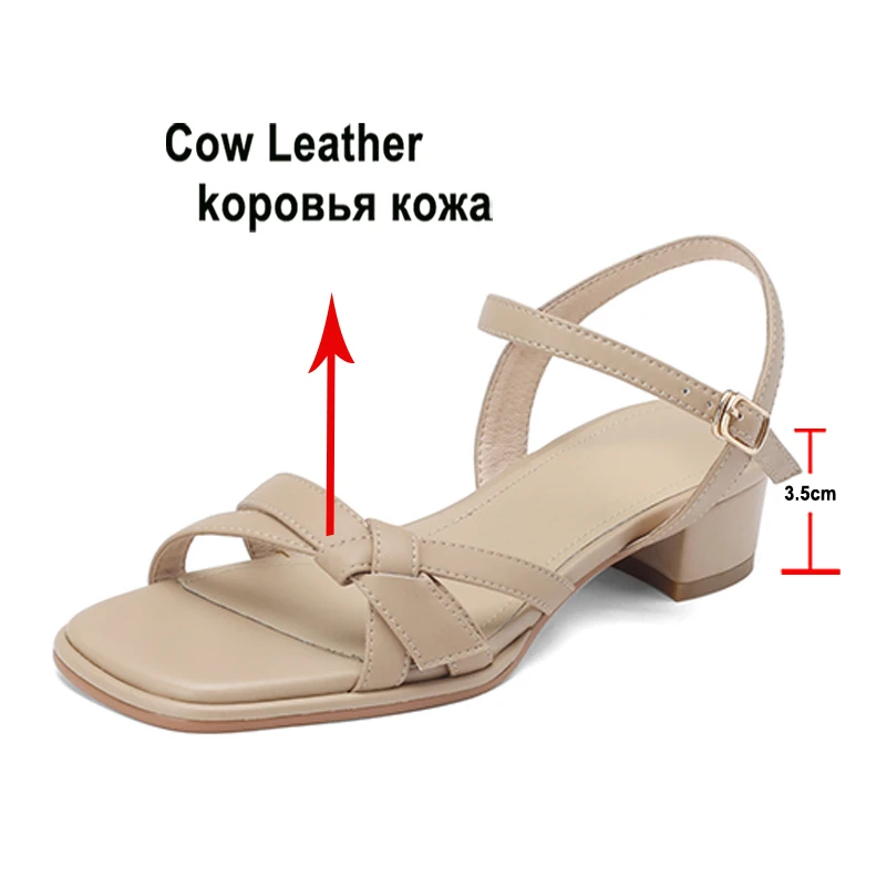 Meotina Women Genuine Leather Sandals Square Toe Thick Mid Heels Buckle Ladies Fashion Casual Shoes Summer Apricot Beige 40