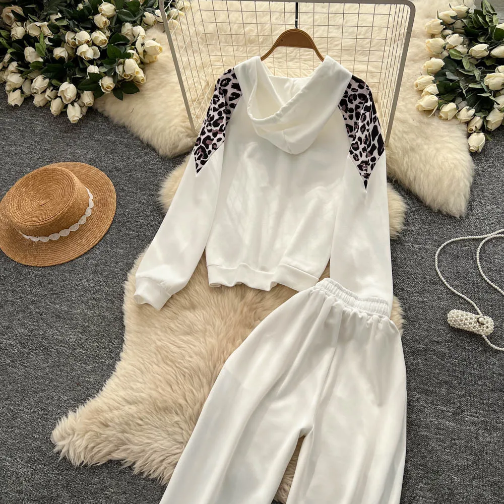Set di pantaloni da donna Set di due pezzi Stampa leopardata con cappuccio Top a maniche lunghe Cappotti Pantaloni lunghi a gamba larga Con lacci Elastico in vita da lavoro