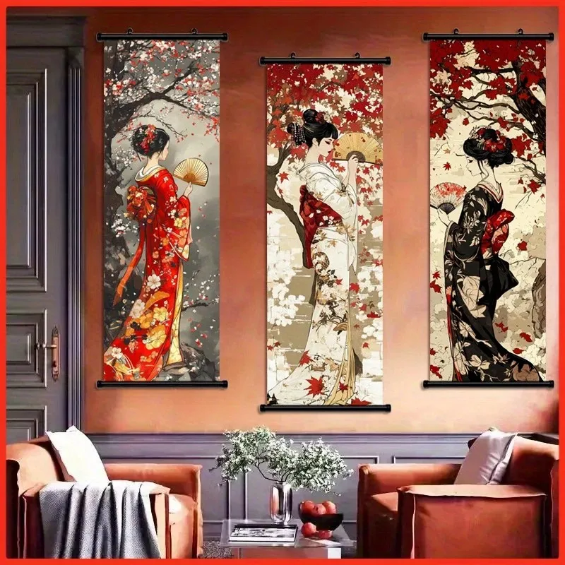 VIKAMA Antique Geisha Triptych Hanging Painting Wall Art Scroll Ukiyo-e Kimono Maple Bohemian Aesthetic Canvas Print Poster
