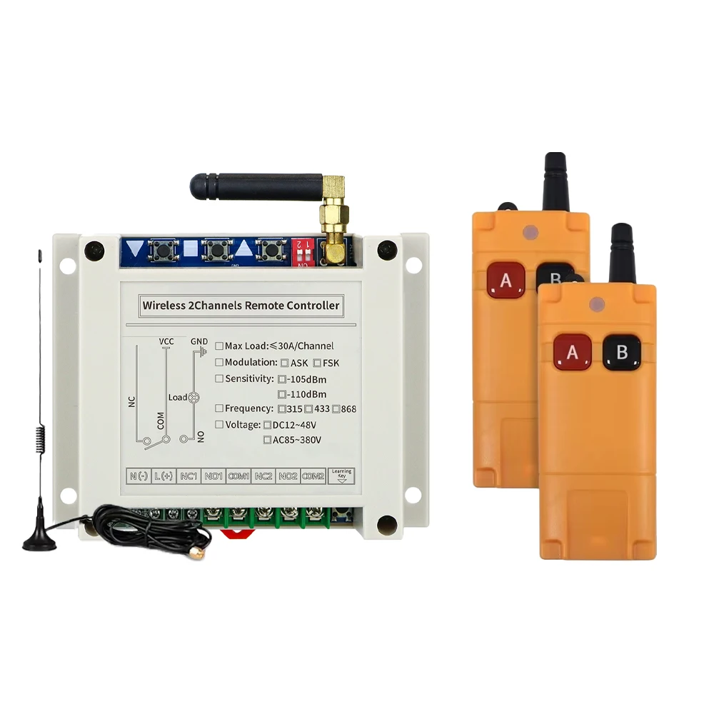 

433MHz 2CH Wireless RF Remote Control Switch Long Range 30A Relay Controller With Antenna DC12V 24V 36V 48V Industrial Receiver