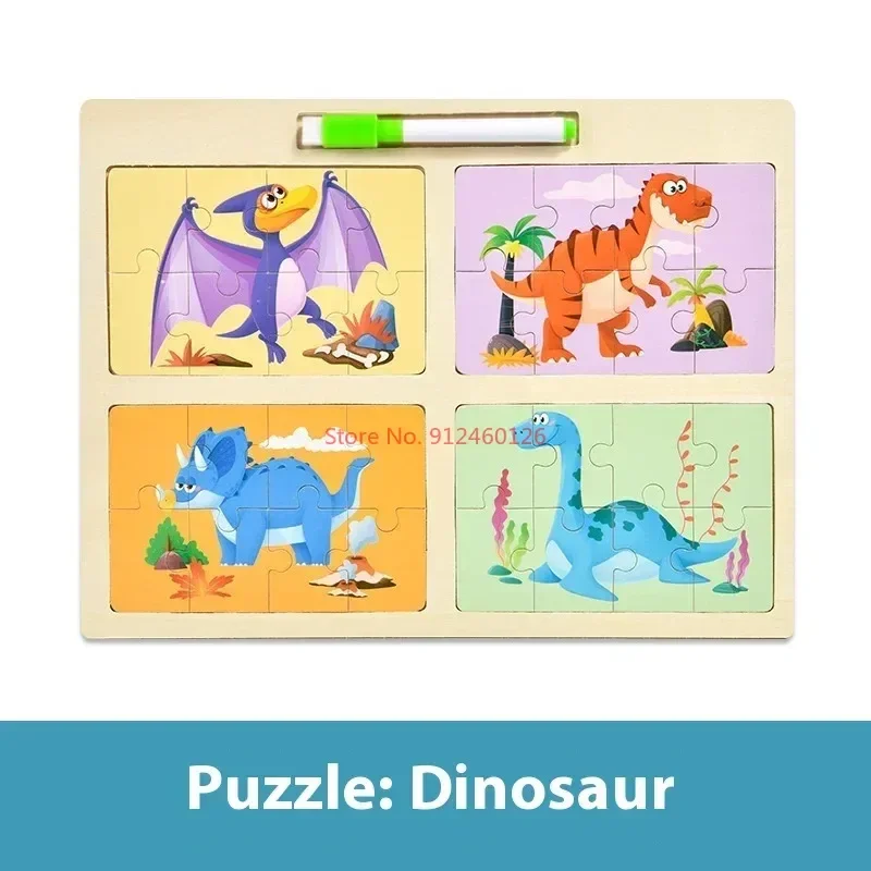 Montessori Wooden Block Puzzle 4-in-1 Drawing Board Animal Dinosaur Pairing Panel Educational Early Education Toy