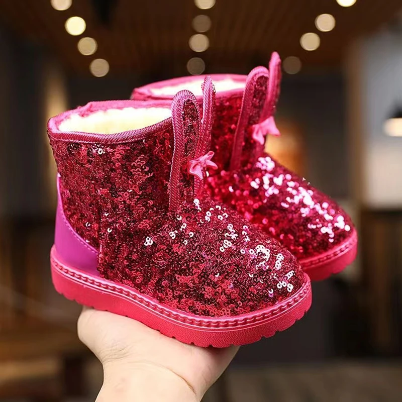 Botas de nieve con lentejuelas para niños, botas cortas impermeables para bebés, cómodas y suaves, zapatos de casa para interiores y exteriores,