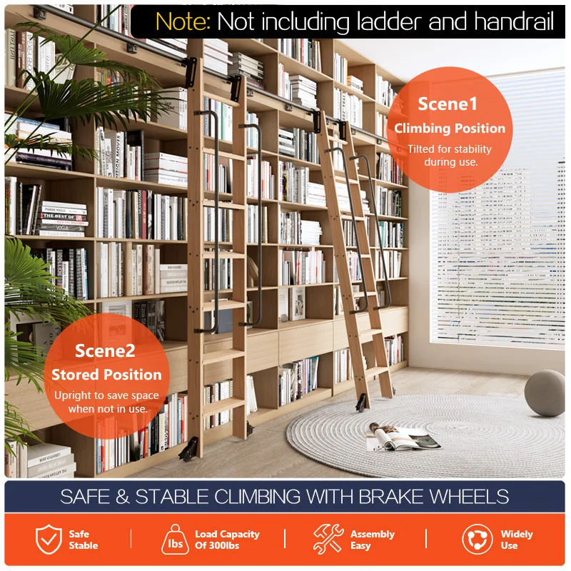 Rolling Library Ladder Hardware 13FT(400cm) Hook On  Sliding Loft Household Aluminum Alloy Track Hardware Kit(No Ladder)