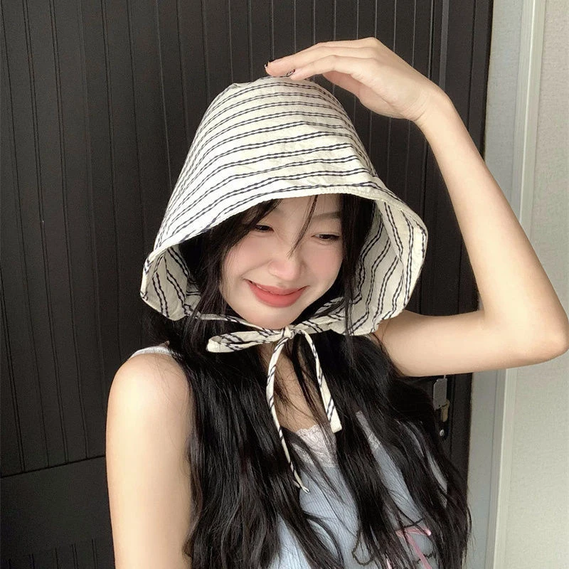 1Pcs Large Brim Foldable Bucket Hats With String For Women Korean Striped Female Panama Bob Outdoor Mountaineering Hat