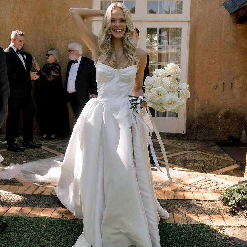 ชุดแต่งงานทรงเอไลน์แบบทางการ Eightree คอวี แขนกุด ผ่าข้าง ชุดเจ้าสาวสไตล์เจ้าหญิง ชุดราตรีงานพรอม สามารถสั่งตัดได้