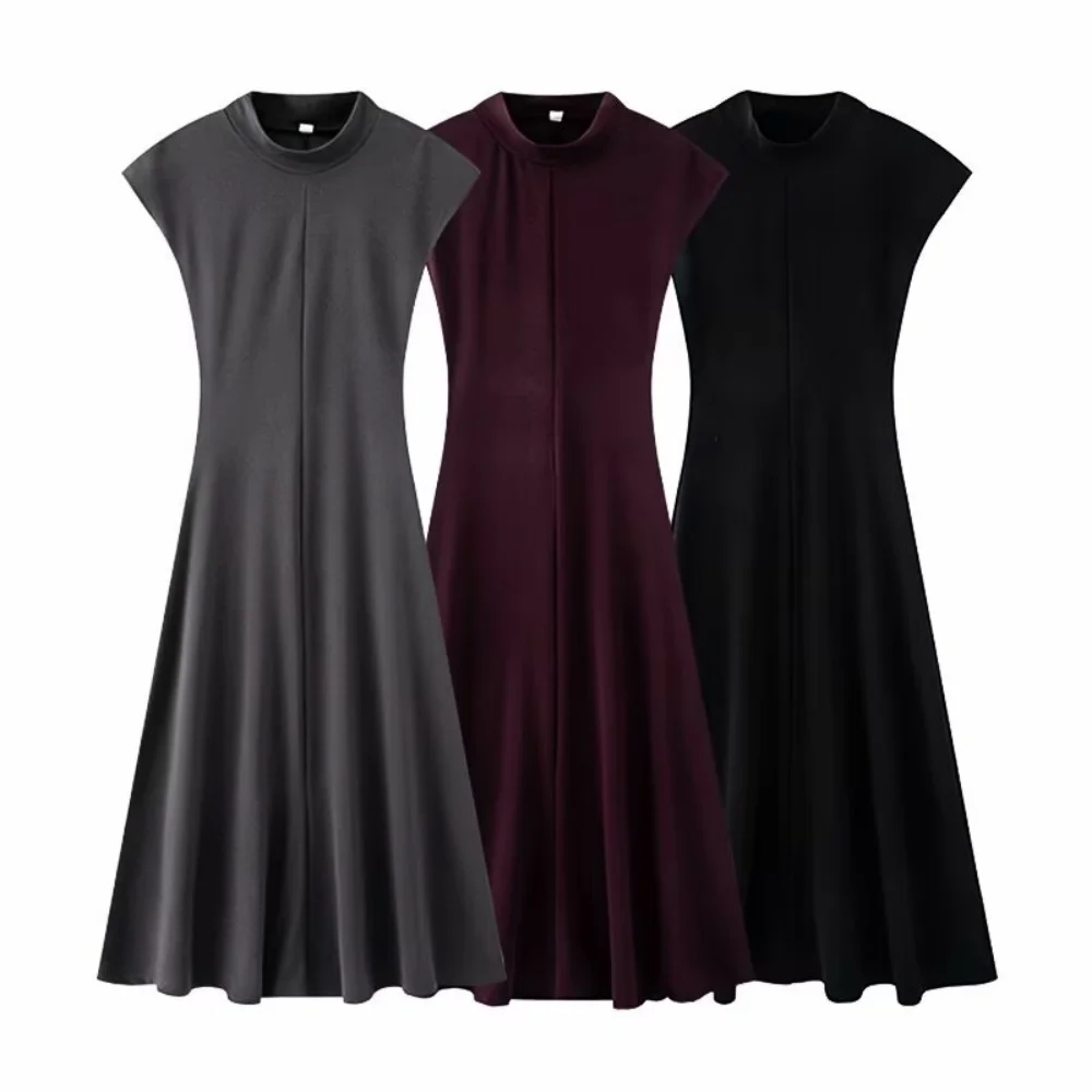 

2025 BM&MD&ZA Women's Sleeveless Midi Dresses in Gray Burgundy and Black with Mock - neck for an Elegant and Classic Look