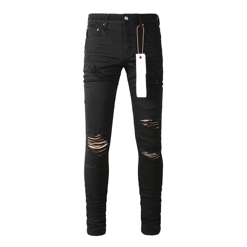 High Street Black Streetwear angustiado botão skinny voar buracos calças jeans rasgadas