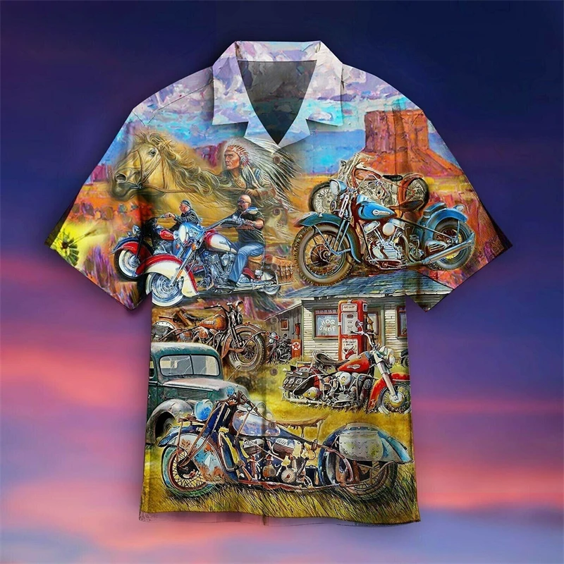 Vintage Motorcycle Graphic Shirts For Men Fashion Casual Short Sleeve Button Lapel 3D Printed Shirt Loose Harajuku Blouse New