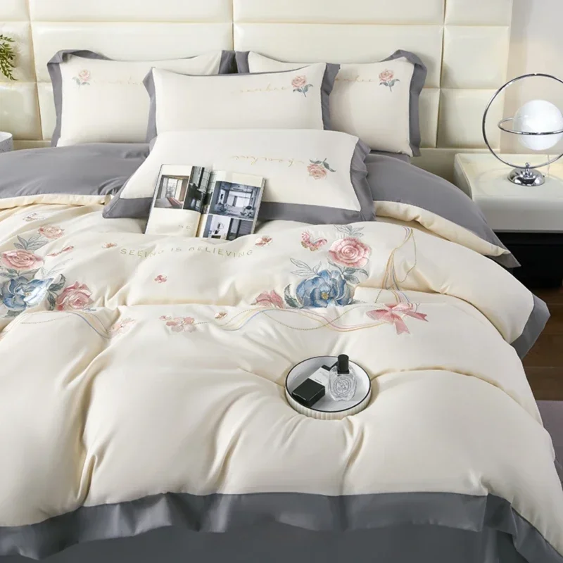 3pcs Polyester Duvet Cover Set (1*Duvet Cover + 2*Pillowcase, Without Core), Elegant Flower Embroidered Bedding Set