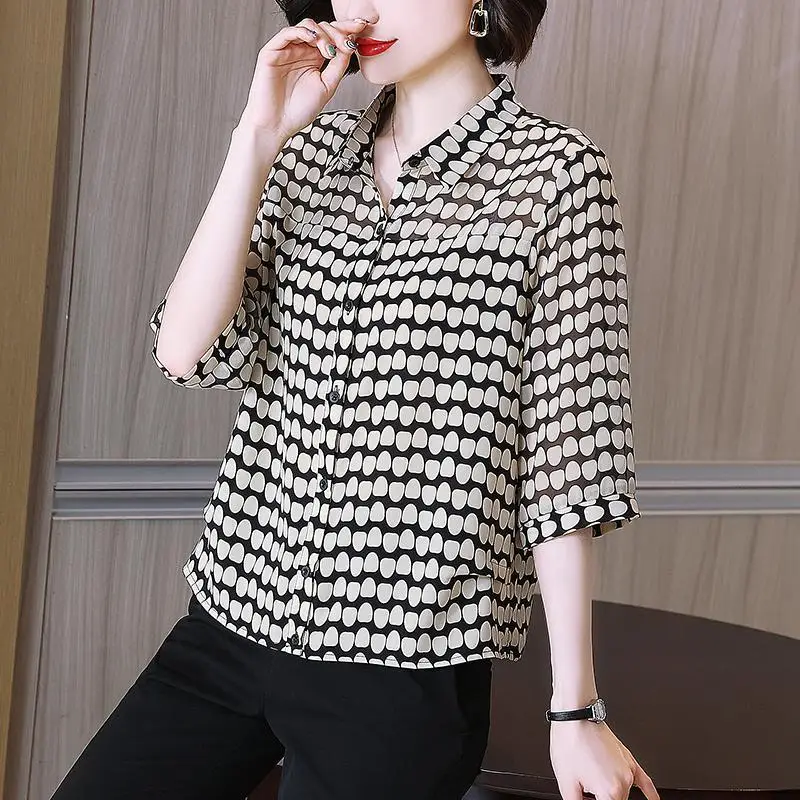 2024 Summer Women\'s Fashion Print Turn Down Collar Button Up Shirt Casual Three Quarter Sleeve Chiffon Blouse Ladies Loose Tops