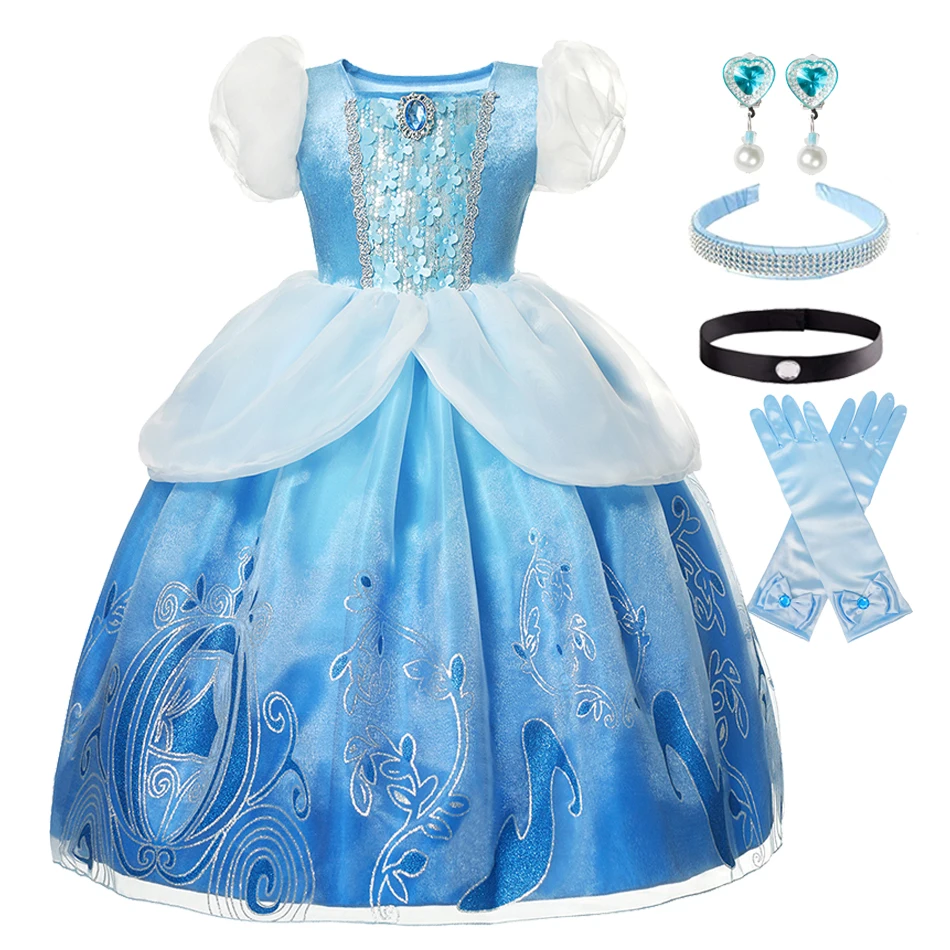 Disney Cinderella Princess Dress Kids Carnival Costume Luxury Blue Ball Gown Birthday Party Queen Cosplay Clothing Puff Dresses