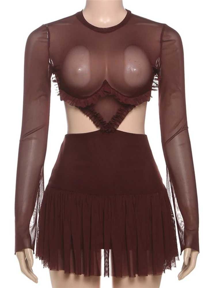 أنيقة مثير س الرقبة طويلة الأكمام الجوف خارج شبكة فستان قصير المرأة عالية الخصر Ruched قطع حفلة النادي الليلي فساتين الشارع الشهير