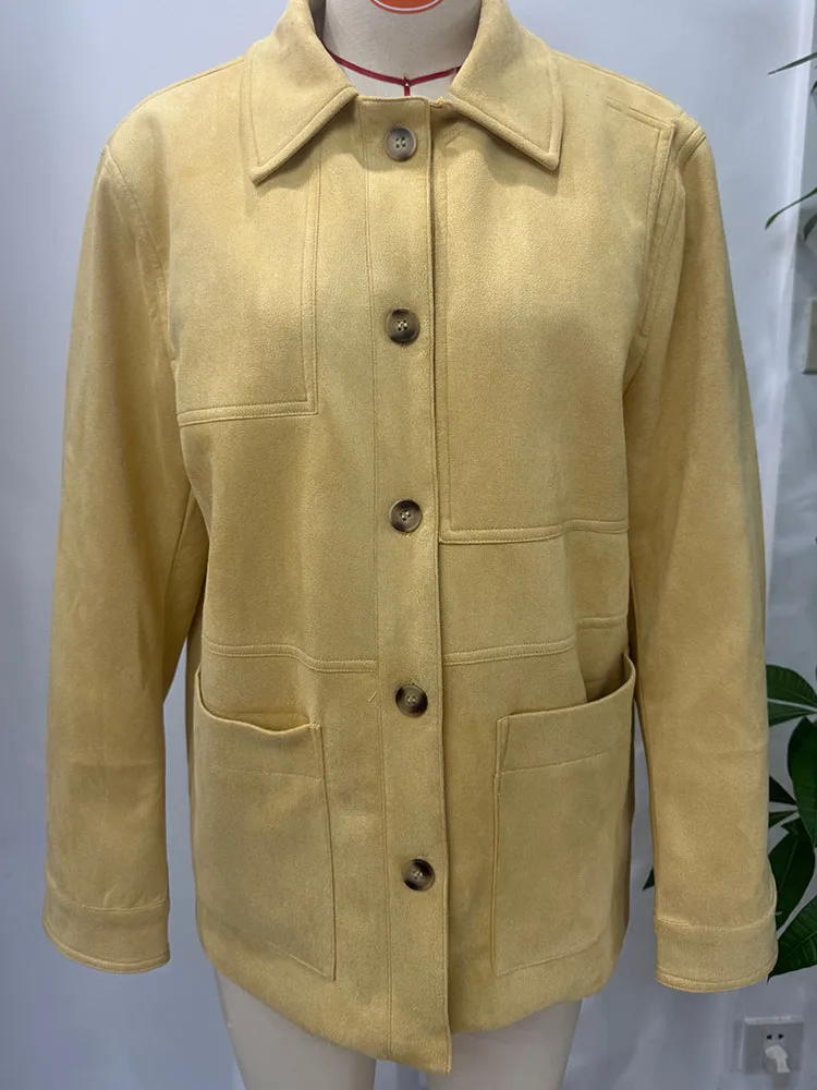 

HH Female Fashion Pockets Coats Yellow Turn-Down Collar Single-Breasted Women's Summer Casual Long Sleeve Loose Jackets
