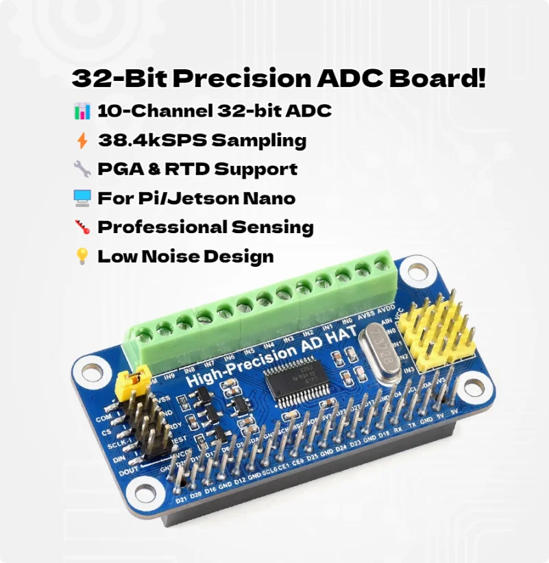 

Raspberry Pi 32-Bit High Precision ADC Expansion Board - 10-Channel ADS1263 with 38.4kSPS, PGA & RTD Support for Pi/Jetson Nano