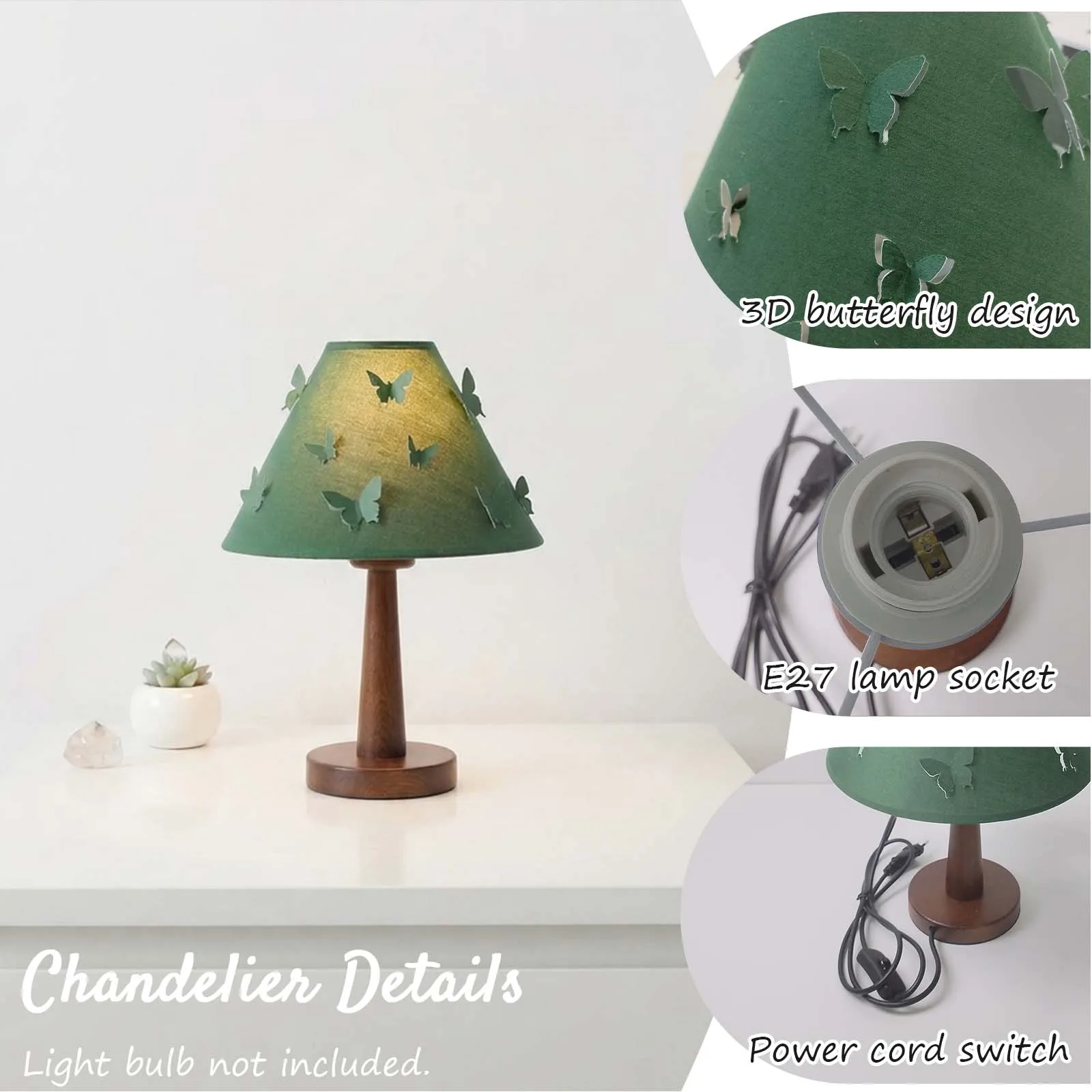 Table Lamp, Dark Green Shade, 3D Butterfly, Dark Wood Base, E27, Bedroom Living Room Desk Reading Corner