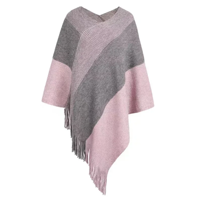 Pink Cloaks Autumn Winter New Women Color Contrast Cloak Shawl Sweater Coat Fashion Street Tourism Poncho Lady Capes