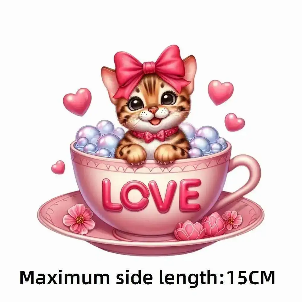 15cm Kids Cup Cat Pet Iron On Heat Transfer Stickers For Clothes DTF Pinted Vinyl Thermal Appliques Washable T-Shirt Decal
