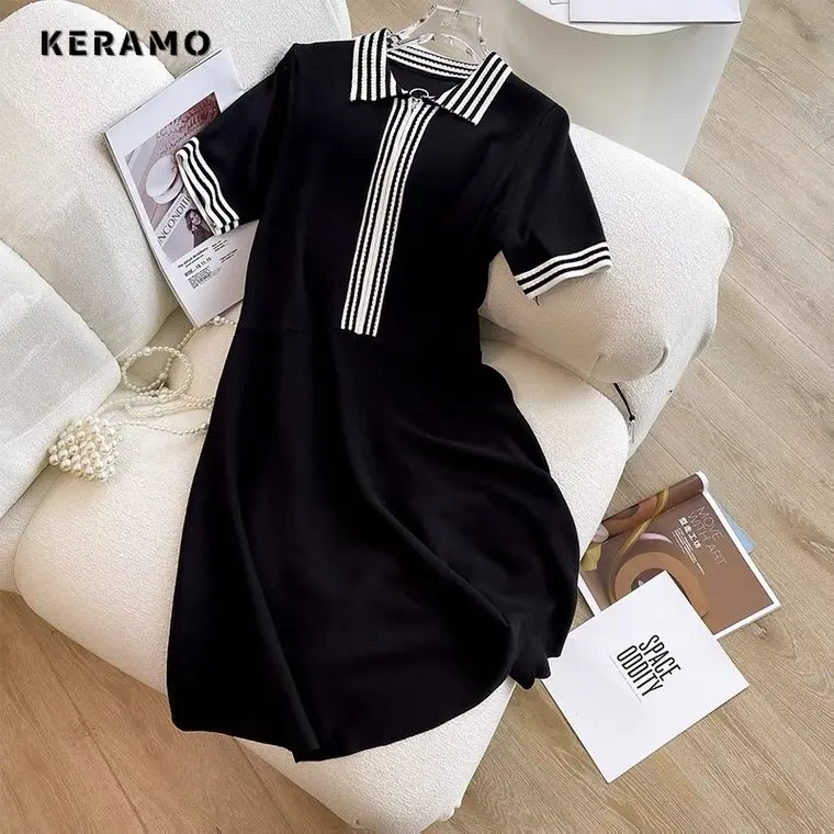 2023 Summer Luxury Short Sleeve Knitting Zipper Mid Long Dresses Women\'s Elegant Classic Office Lady A-Line Ladies Dress