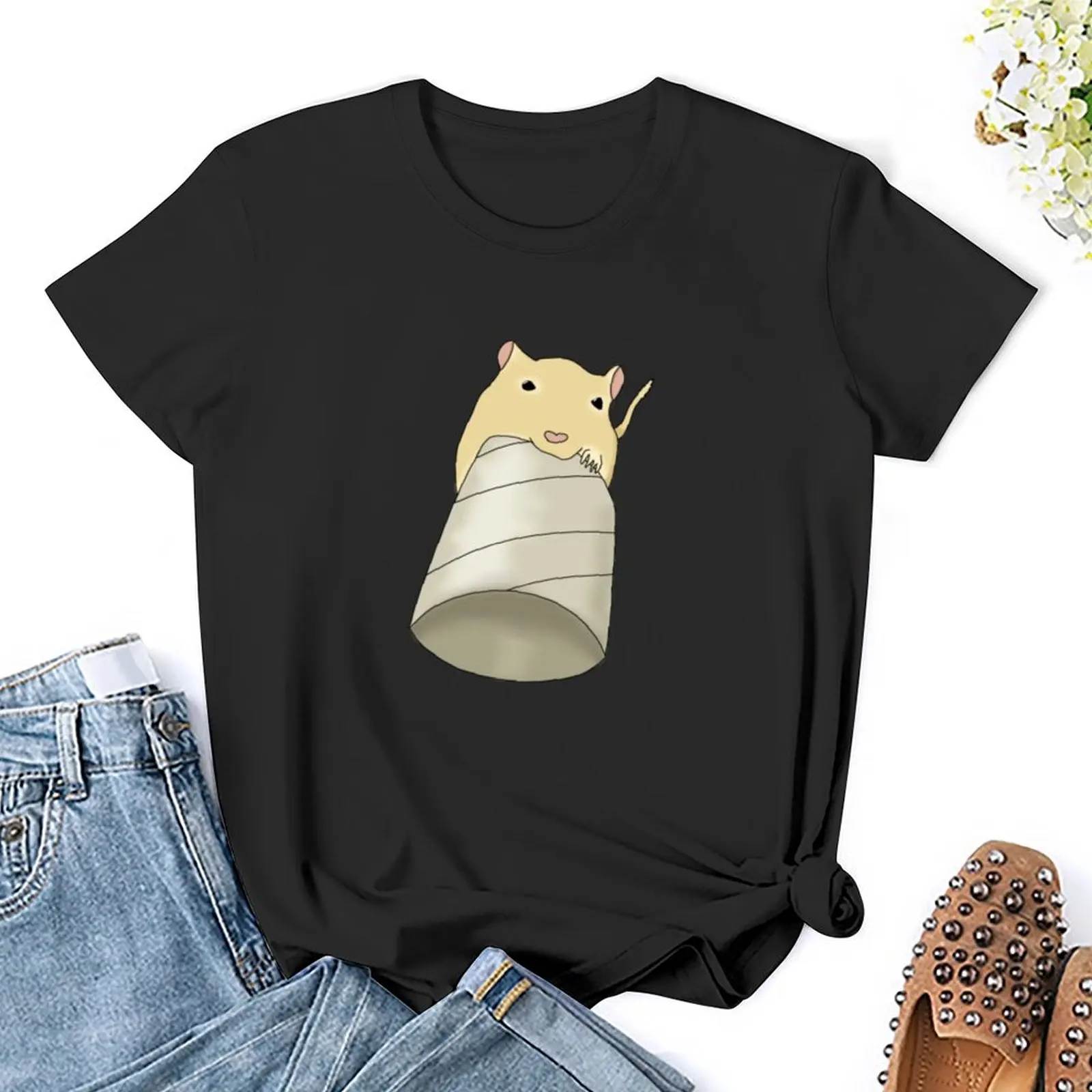 Cute golden gerbil eating toilet roll T-Shirt graphics summer top cute clothes cute tops t-shirts for Women cotton