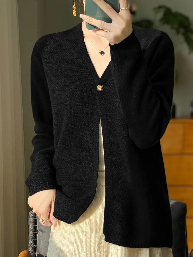 New Spring Autumn Women\'s V-neck Cardigan Pure Color Grace Soft Sweater 100% Merino Wool Knitwear Korean Style Loose Basic Cloth