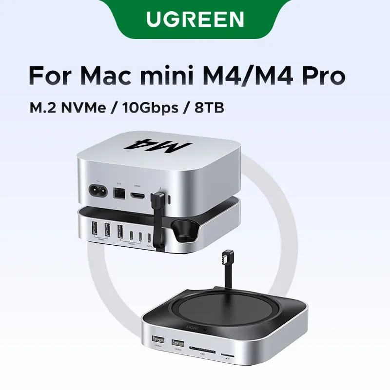 UGREEN 11-in-1 Docking Station for Mac Mini M4/M4 Pro | M.2 NVMe SSD 8TB, 10Gbps, USB-A/C, SD/TF Card Reader