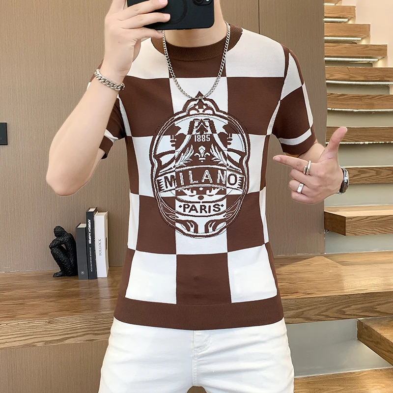 Men\'s Ice Silk T-shirt Trendy Social Club Outfits High Quality Knitted Letter Jacquard Breathable Harajuku Top Tee Shirt Homme