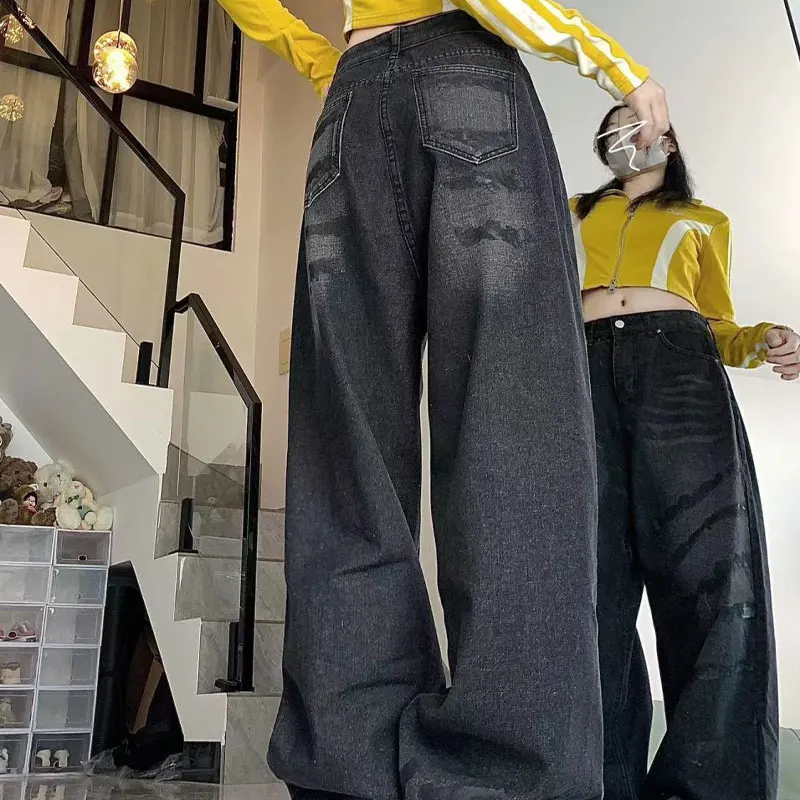 Vintage Black Tie Dye Wash Wide Leg Jeans Women Irregular Stripe Print Pants Autumn Winter High Waist Streetwear Denim Trousers