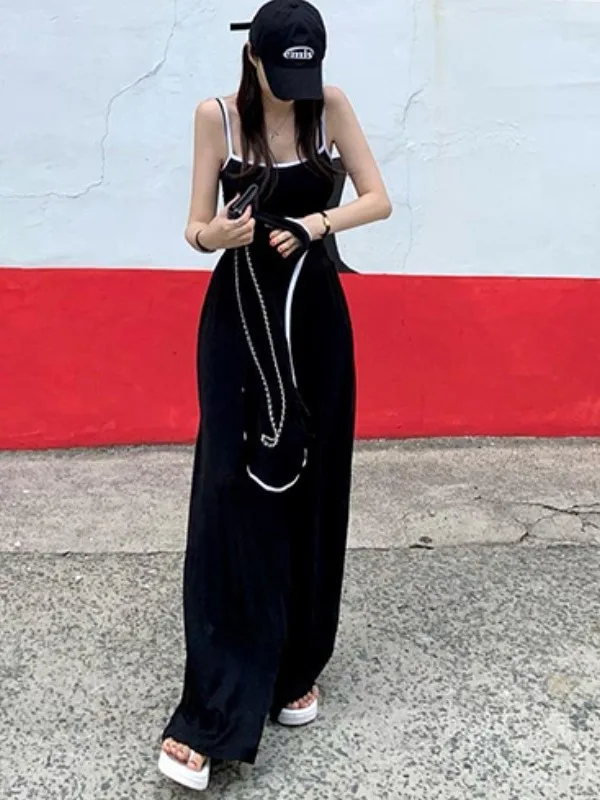 Summer 2025 Casual Spor Tee-Piece Set with Strap Vest Jaet High Waist Wide Leg Pants Ensemble Faionable Women's Suit