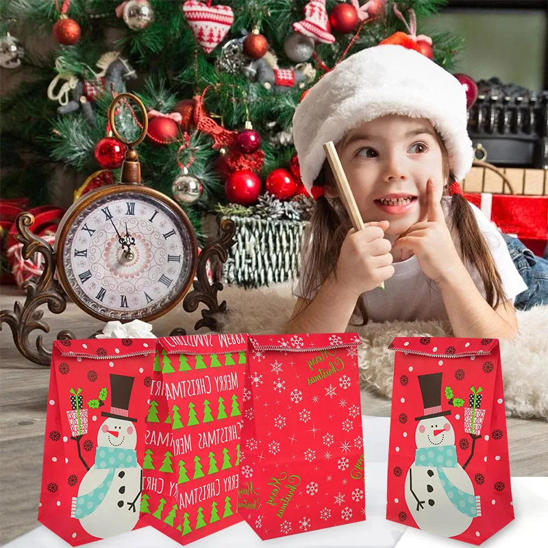5/10pcs Kraft paper Christmas Gift Bags Xmas Gift Candy Packing Bag Snowflake Santa Claus Paper Bags For New Year Gift Wrapping