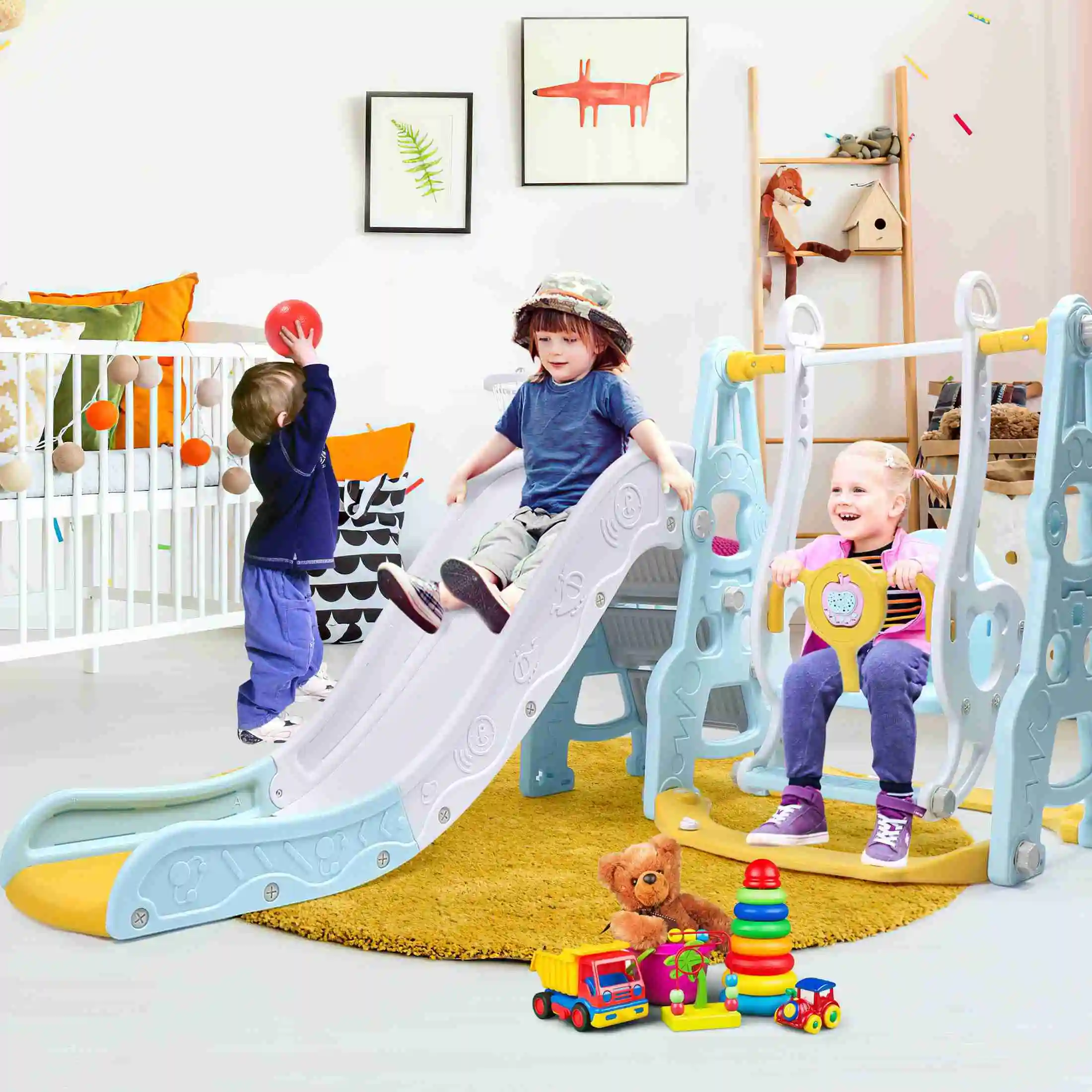 

4 In 1 Toddler Playground Set Swing Slide Climber Basketball Hoop Backyard Indoor Playset for Boys and Girls Blue
