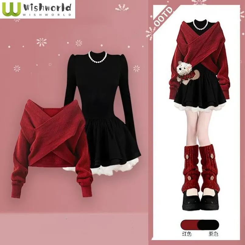 

Autumn and Winter New Korean Red Knitted Sweater+Slimming Dress Elegant Women's Two Piece Set