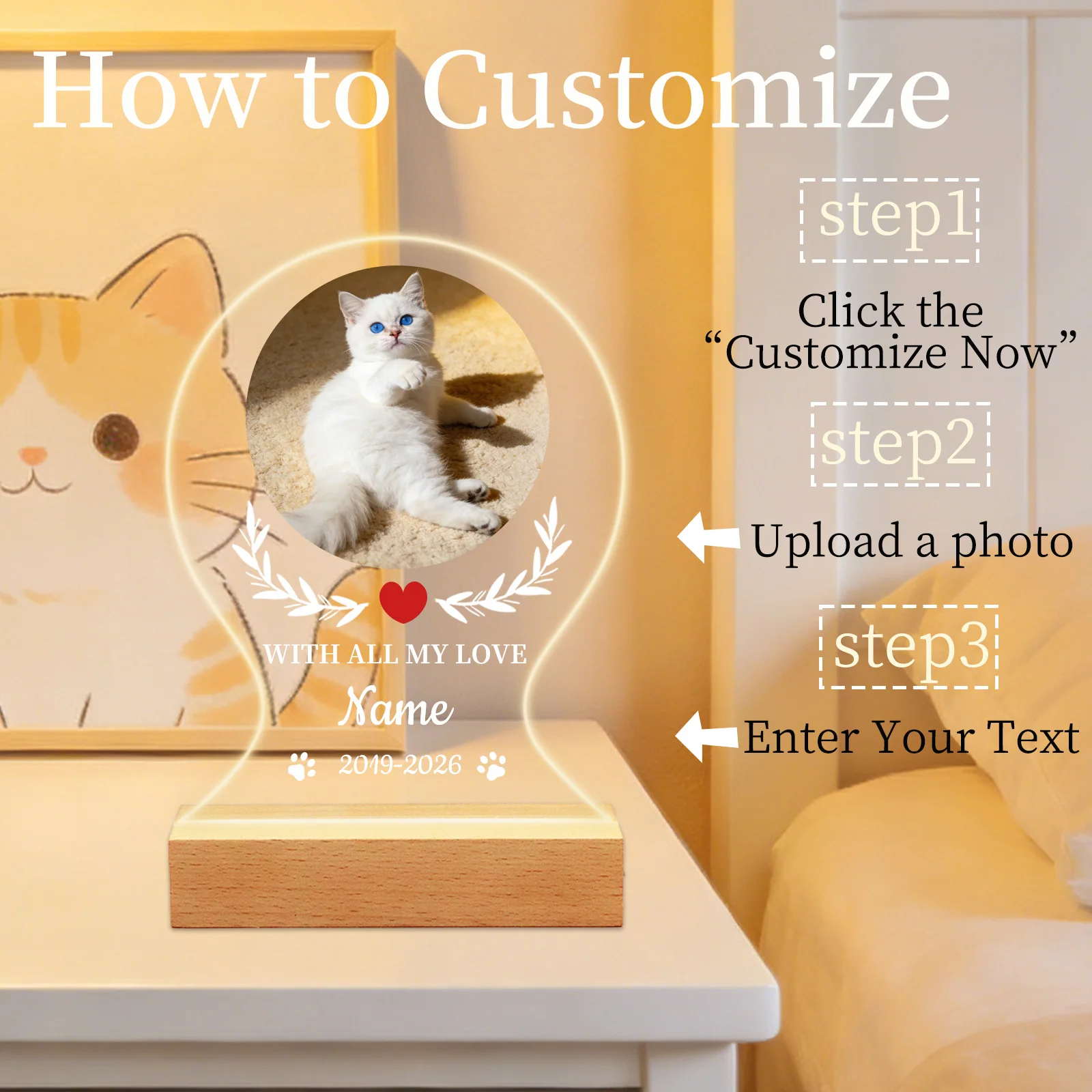 Personalized Photo Pet Memorial Plaque, LED Night Light Frame, Dog Cat Lover, Heart Paw Print, Pet Loss Sympathy Gift