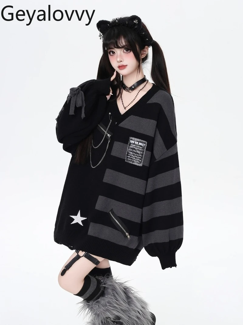 

Оригинальный полосатый пуловер с v-образным вырезом в японском стиле, осень-зима, новый универсальный милый свитер с длинными рукавами-фонариками