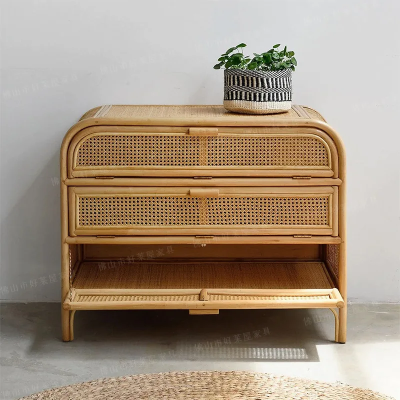 

Rattan bucket cabinet, simple homestay storage cabinet, living room side cabinet, household real rattan three-bucket cabinet