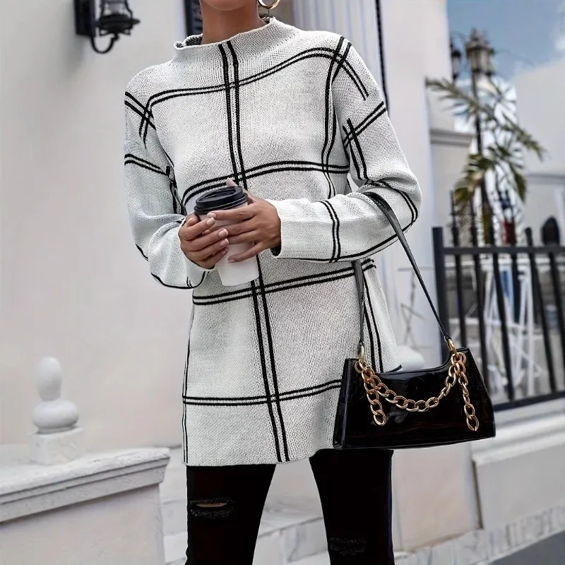 

2025 Autumn/Winter New Style Casual Versatile Round Neck Pullover Knitted Sweater with Plaid Color Blocking for Women