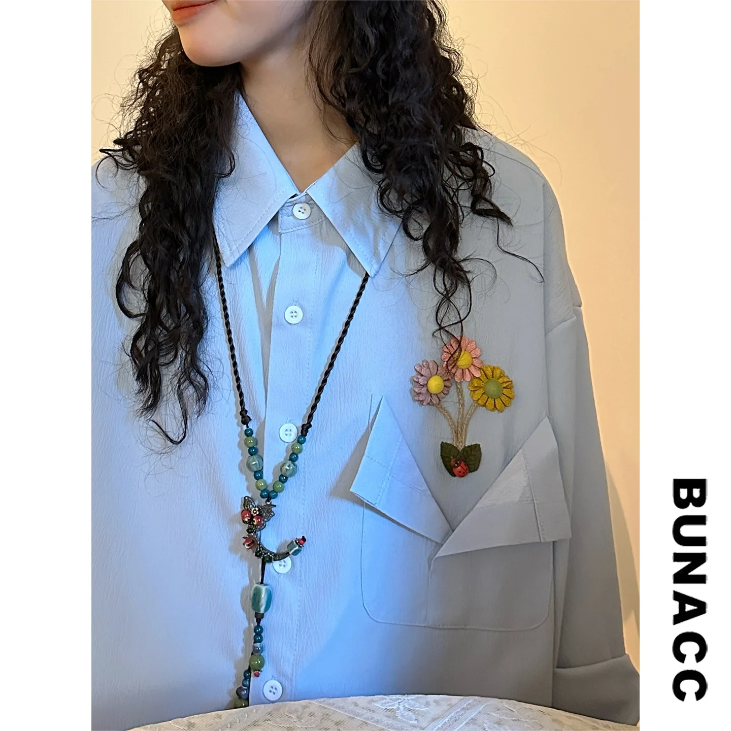 

Retro American Embroidered Flower Loose Long Sve irt Spring Design Sense ex Premium Quali Ladies Faion irt