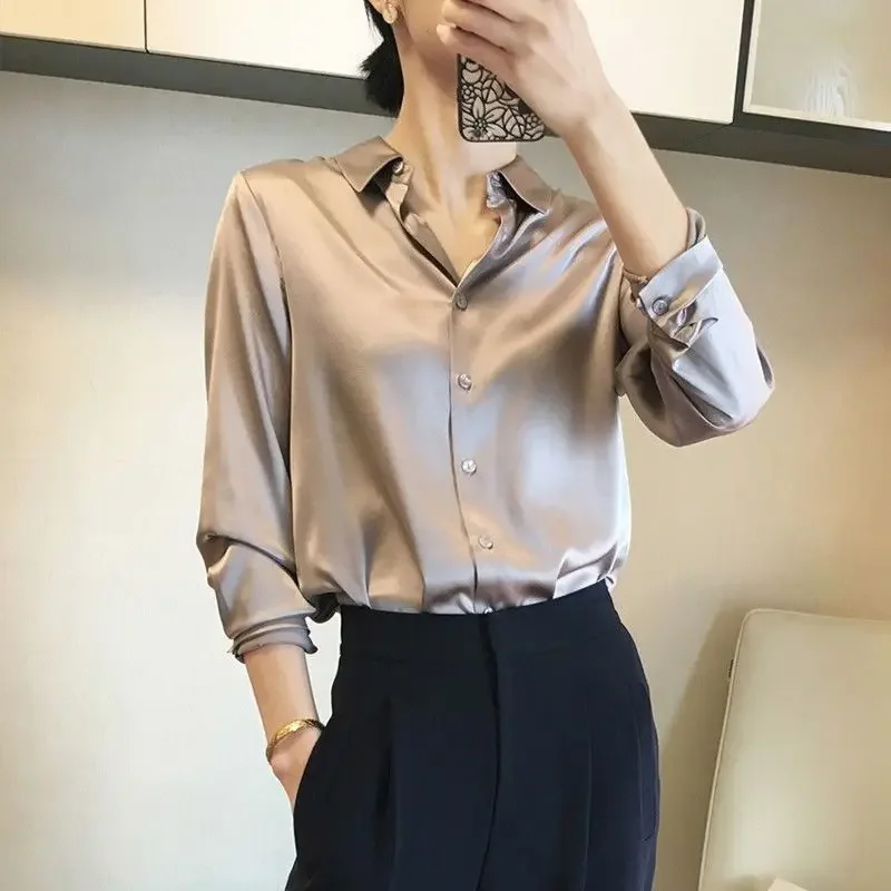 Silk Brown Clothes Wear To Work Office Outfits Long Sleeve Purple Spring Formal Tops for Women Satin Womens Shirt & Blouse Cool