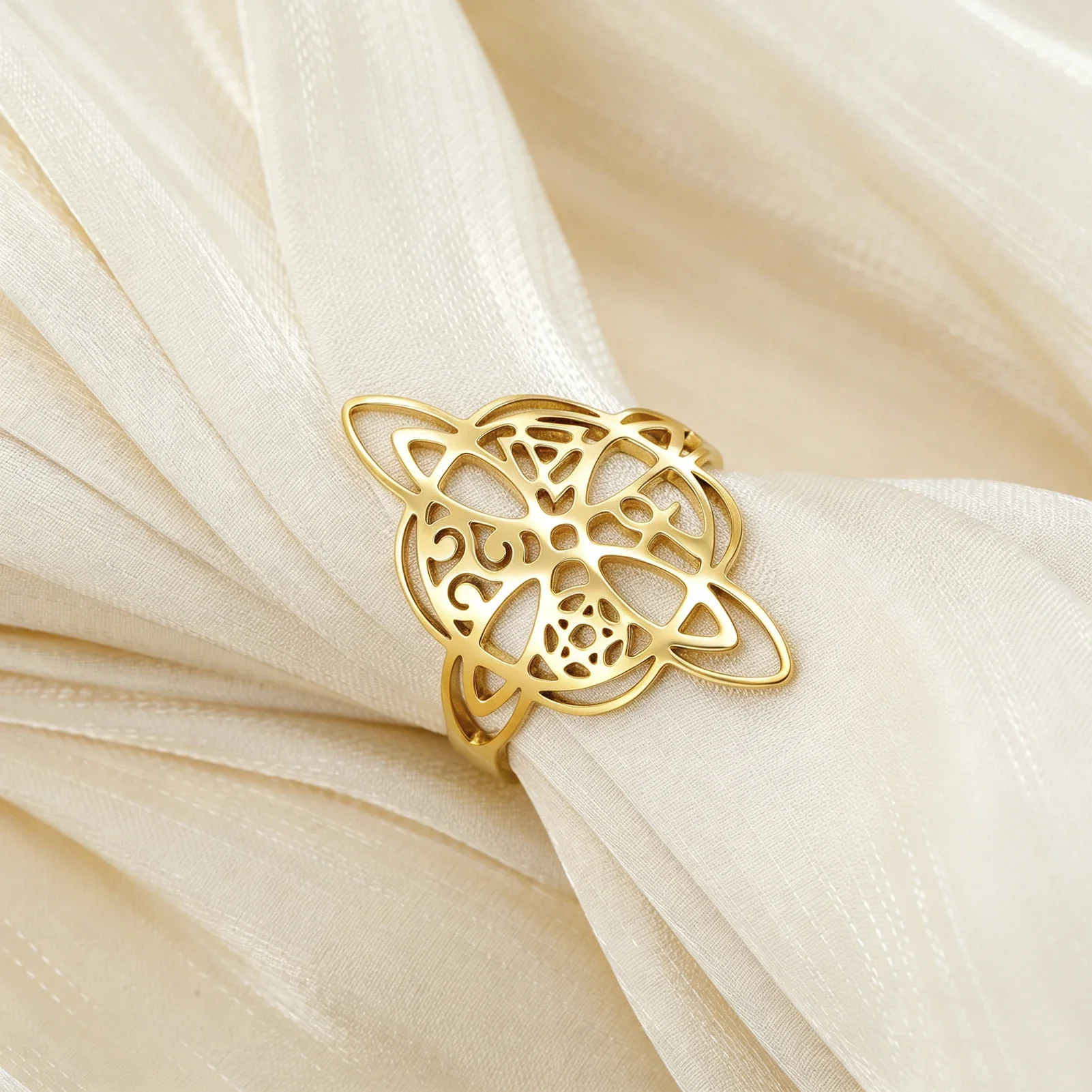 Witch Knot Cross Pentagram Stainless Steel Open Adjustable Ring Blessing Protection Gift for Women