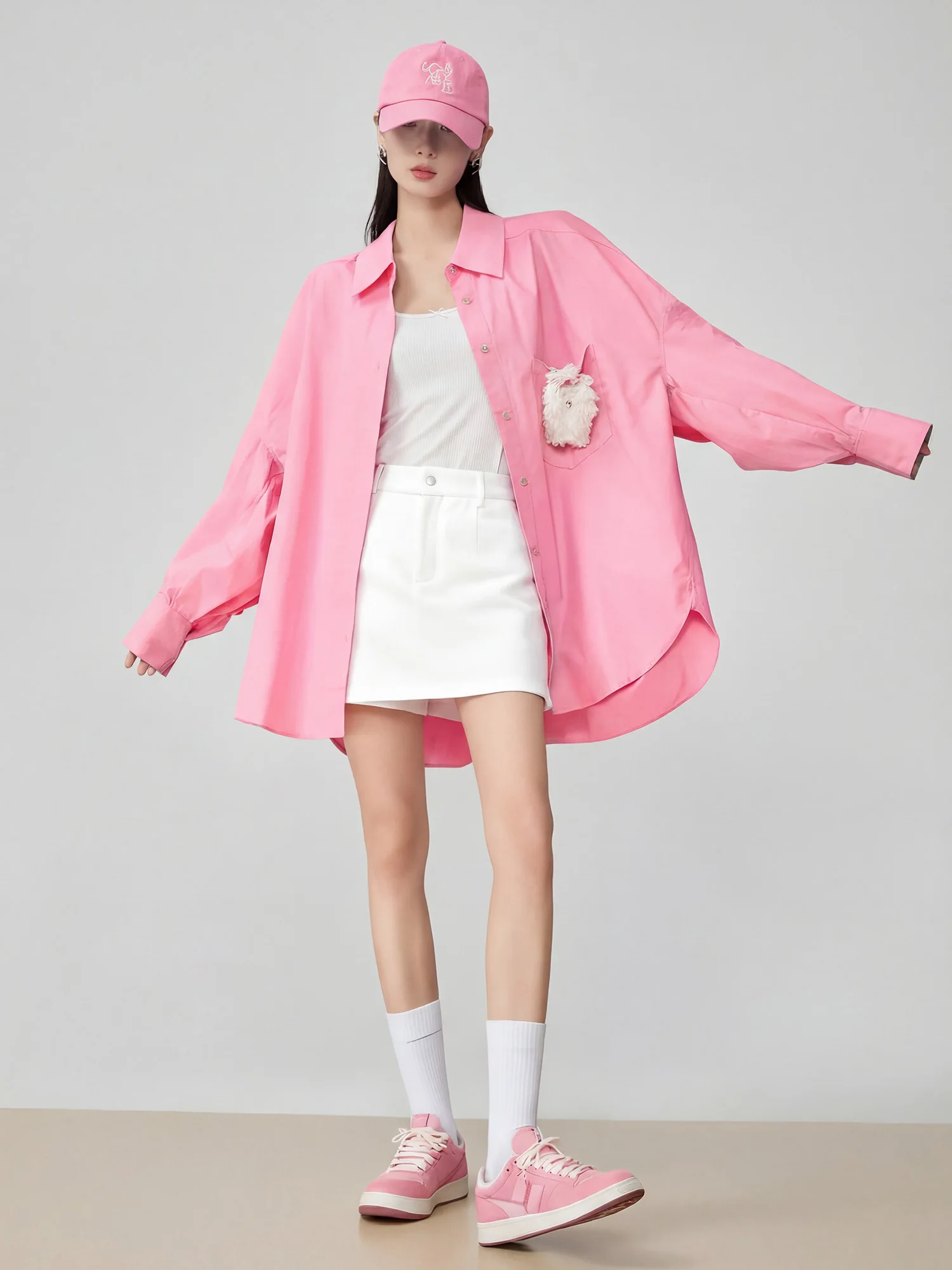 

Розовая женская блузка Dopne с длинными рукавами и декором в виде собачек, в корейском стиле, свободного кроя, уникальная, модная, трендовая верхняя одежда